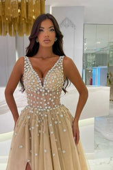 Chic Champagne A-Line Sleeveless V-Neck Beaded Sweep Train Long Tulle Evening Dress With Slit